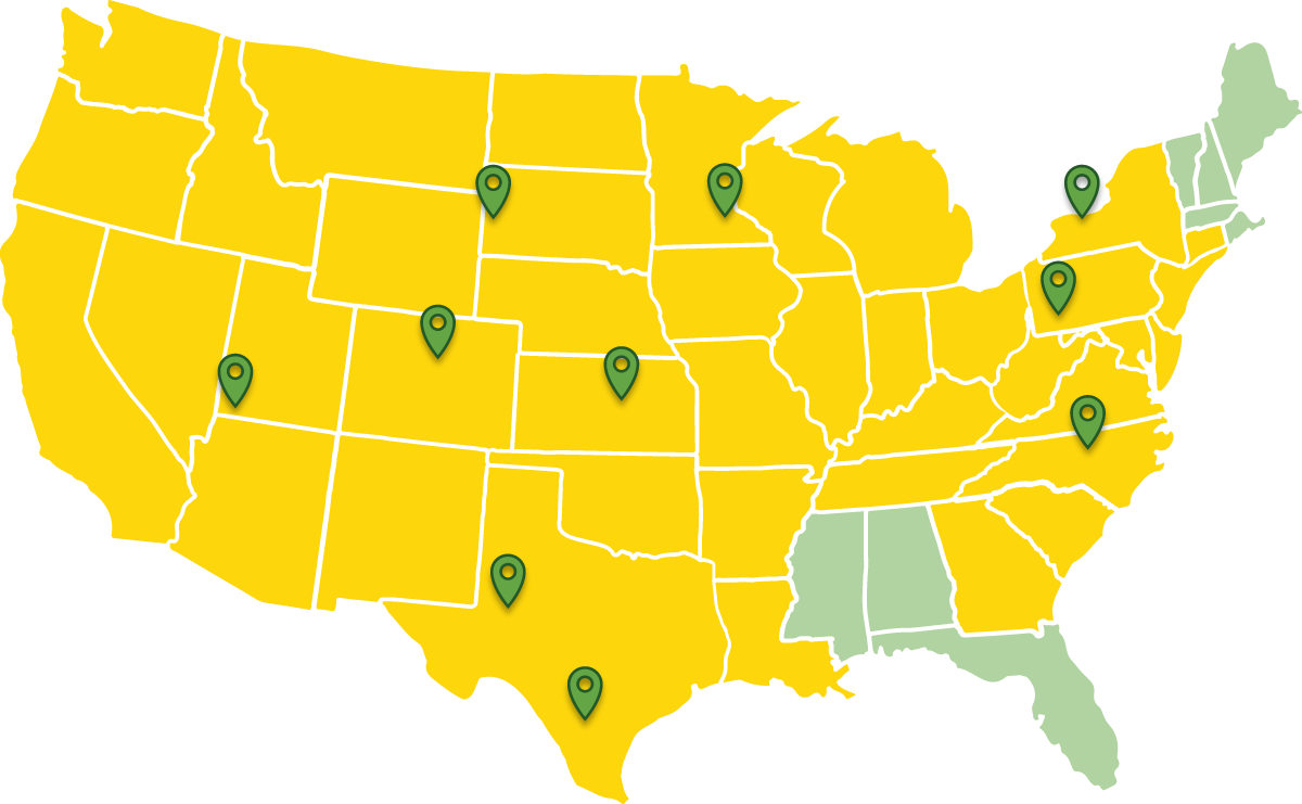 SurfaceCycle Company Locations Map of the continental US states showing the locations and service areas of the SurfaceCycle family of companies.